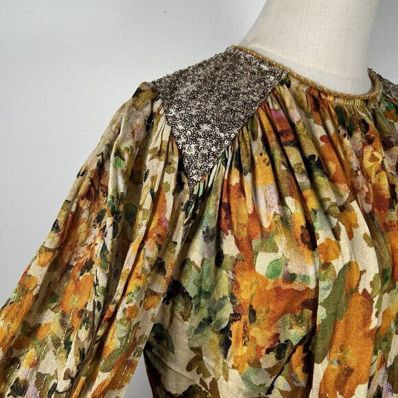 Bl^nk London Anthropologie Sequin Embellished Small Yellow Gold Blouse Floral - Picture 4 of 9